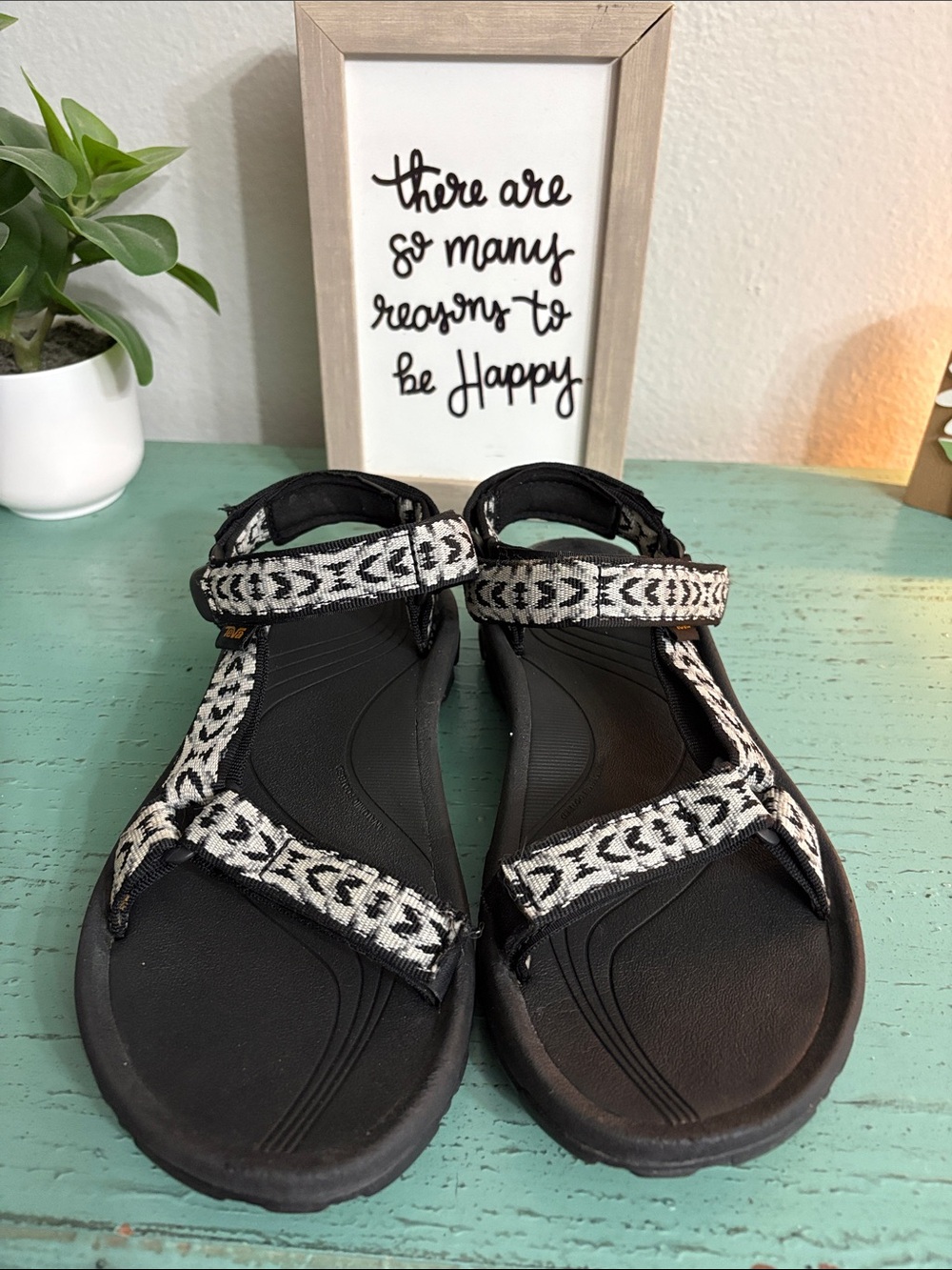 Teva Black Sandals with Black & White Patterned Webbing